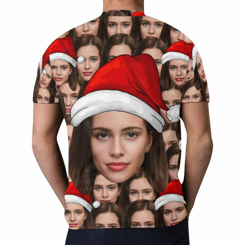 Custom Face Red Christmas Hat Tee Put Your Photo on Shirt Unique Design Men's All Over Print T-shirt