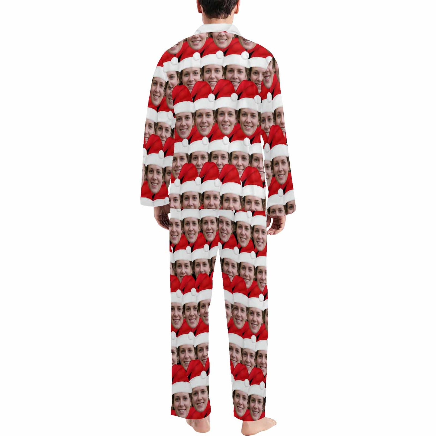 Custom Face Pajamas Seamless Christmas Hat Sleepwear Personalized Men's Long Pajama Set