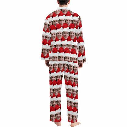 Custom Face Pajamas Seamless Christmas Hat Sleepwear Personalized Men's Long Pajama Set