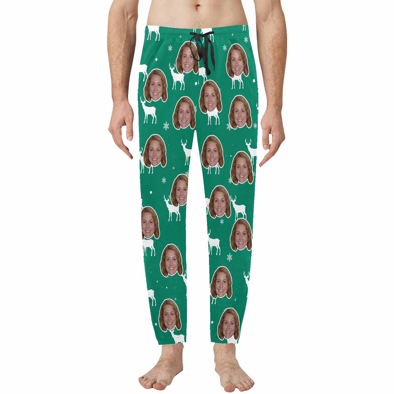 Custom Face Christmas Deer Green Sleepwear Personalized Men's Slumber Party Long Pajama Pants