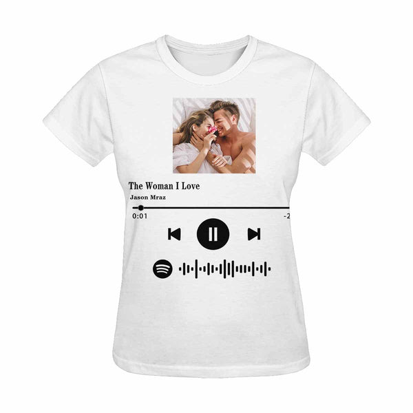Custom Photo The Woman I Love White Scannable Spotify Code T-shirt Personalized Women's All Over Print T-shirt