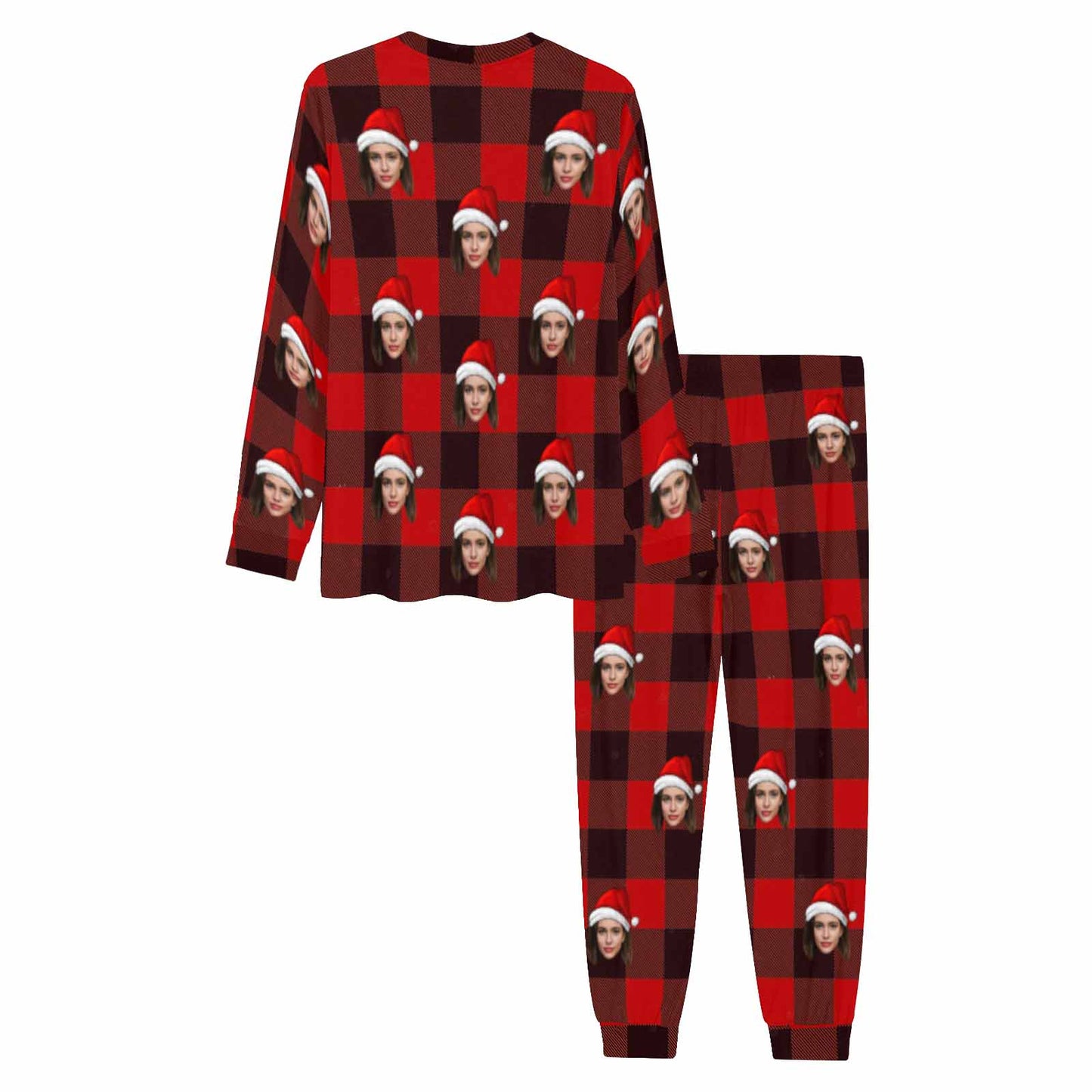 Custom Christmas Hat Red Black Grids Men's Long Pajama Set