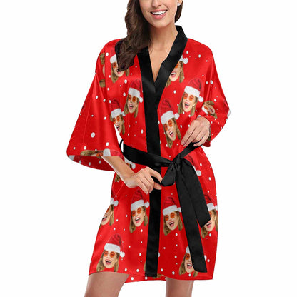 Custom Face Christmas Hat Red Women's Short Pajama Kimono Robe