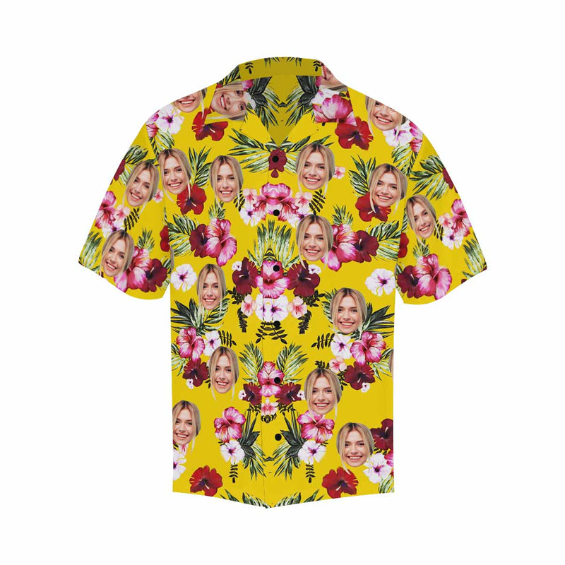 Custom Face Red Pink Flower Men's All Over Print Hawaiian Shirt, Personalized Aloha Shirt With Photo Summer Beach Party As Gift for Vacation