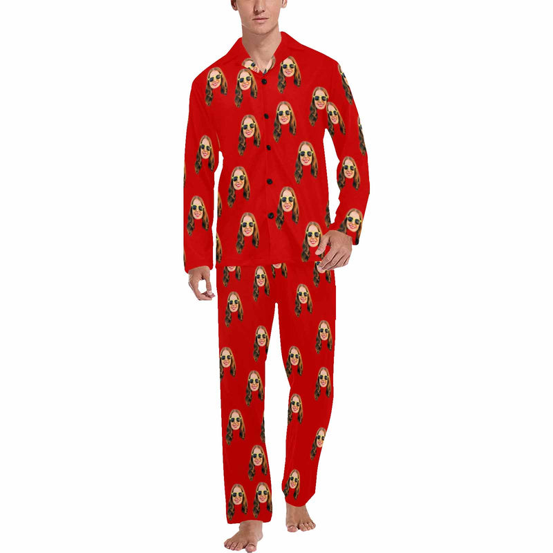 Persoanlized Sleepwear Custom Face Red Men's Long Pajama Set