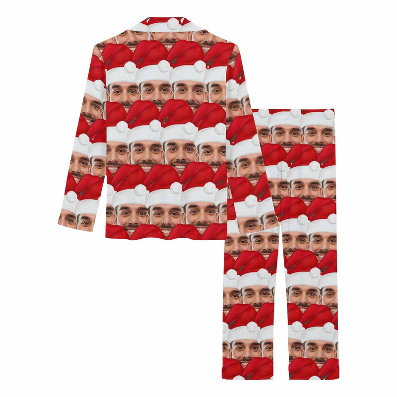 Custom Face Pajamas Christmas Hat Seamless Sleepwear Personalized Women's Long Pajama Set