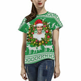 Custom Face Christmas Hat Wreath Green Women's All Over Print T-shirt