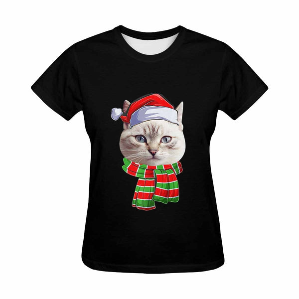 Custom Face Pet With Christmas Scarf Tee Put Your Photo on Shirt Unique Design Women's All Over Print T-shirt