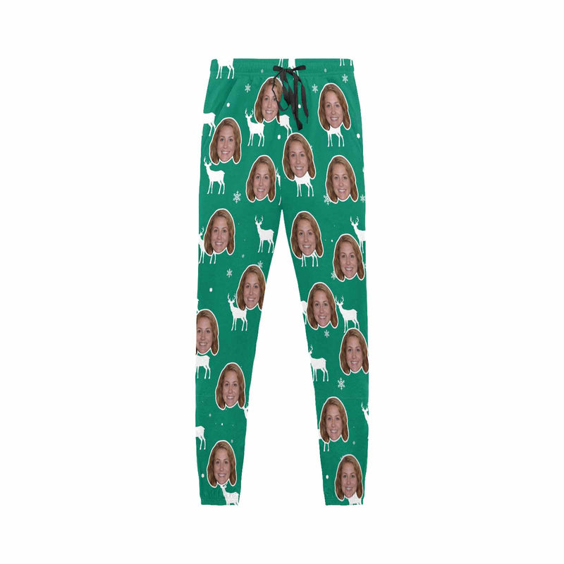 Custom Face Christmas Deer Green Sleepwear Personalized Men's Slumber Party Long Pajama Pants