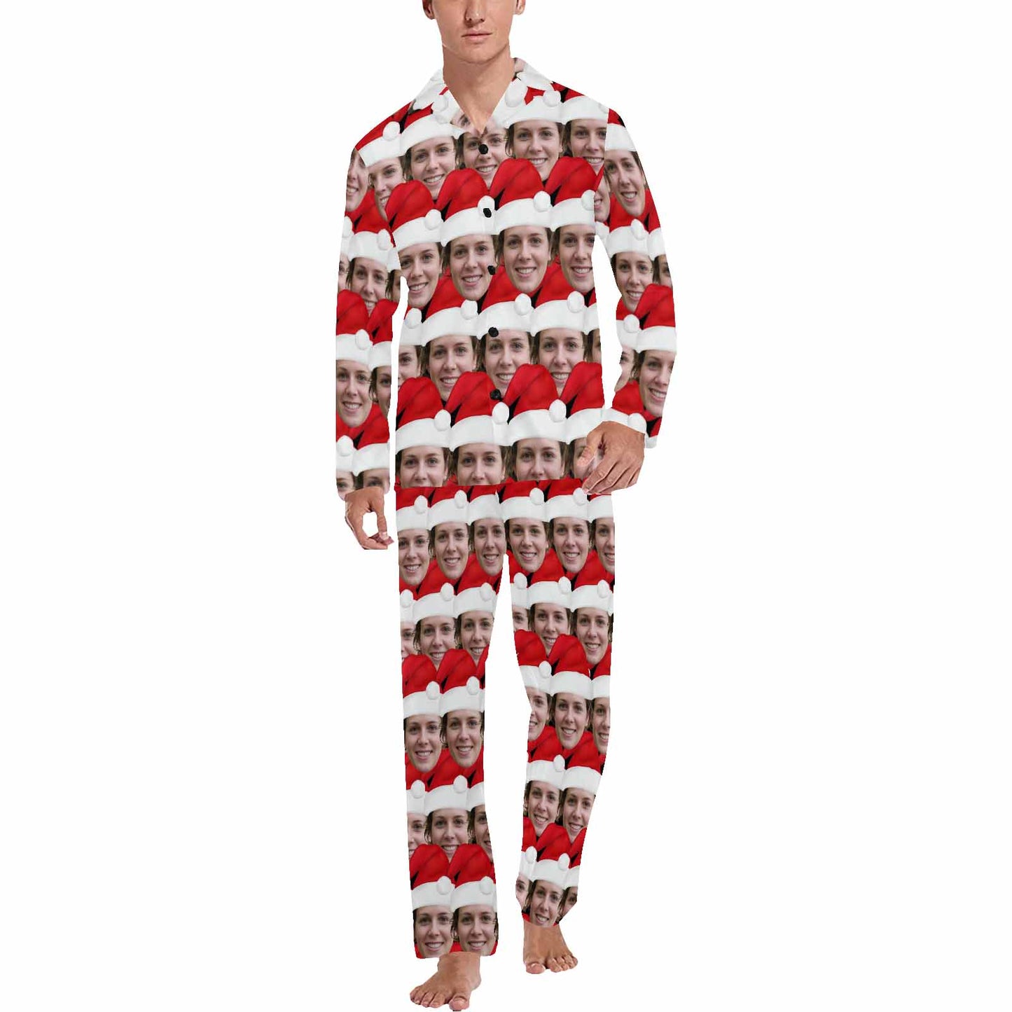 Custom Face Pajamas Seamless Christmas Hat Sleepwear Personalized Men's Long Pajama Set