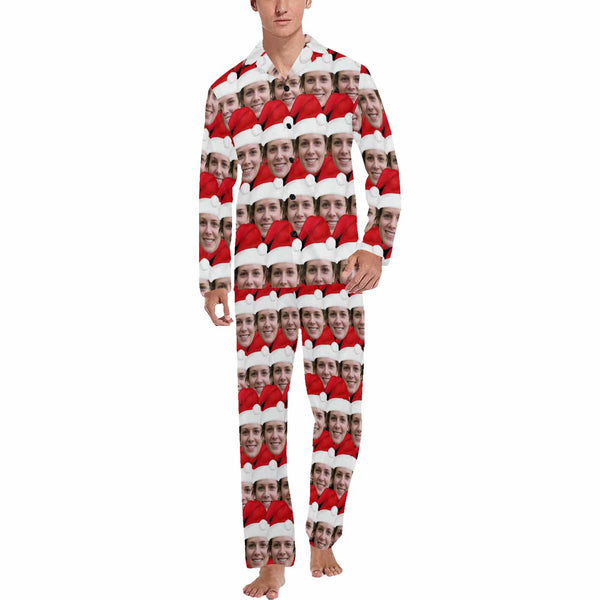 Custom Face Pajamas Seamless Christmas Hat Sleepwear Personalized Men's Long Pajama Set