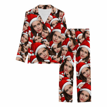 Custom Face Christmas Hat Seamless Head Women's Long Pajama Set