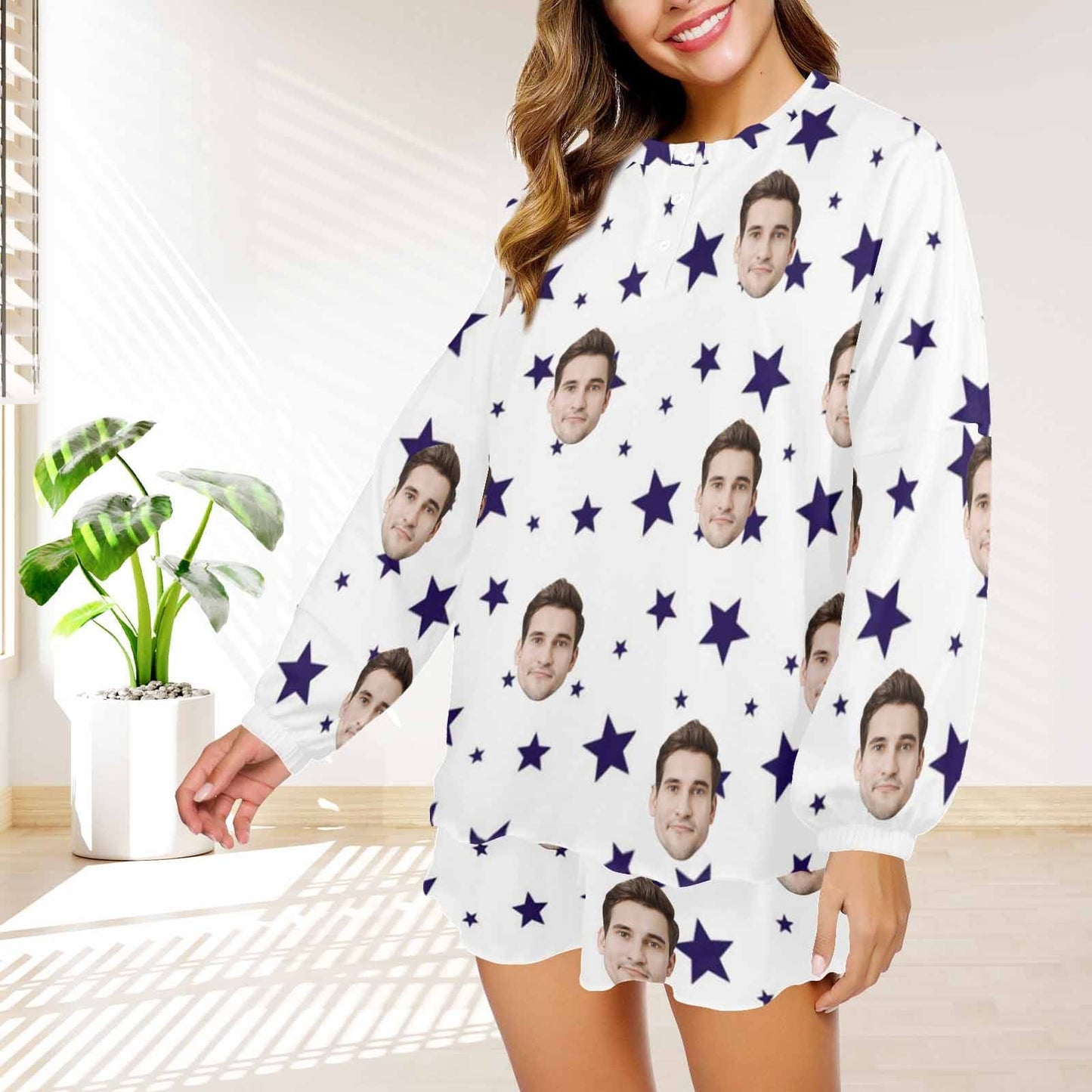 FacePajamas Sets 20230830-´÷Àֿµ-4  Women&#039;s Long Sleeve Mid-Length Shorts Pajama Set£¨Sets 19£©