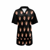 Custom Face Boyfriend Black Loungewear Personalized Photo Sleepwear Women's V-Neck Short Pajama Set