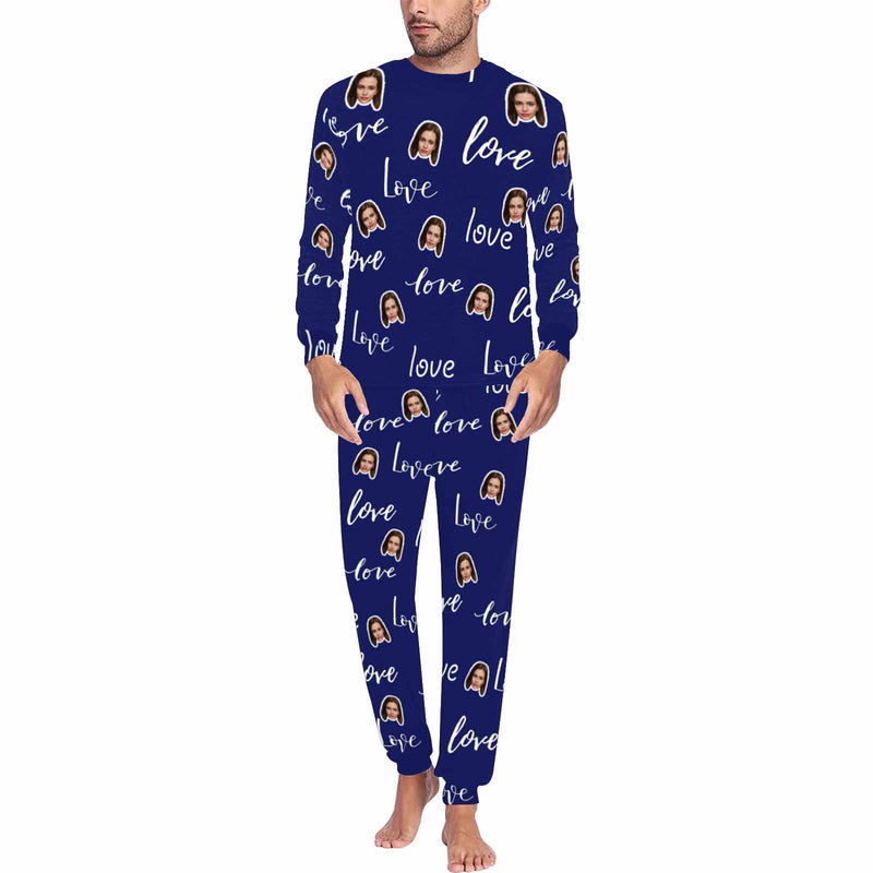 Custom Face Love My Treasure Navy Blue Men's Long Pajama Set
