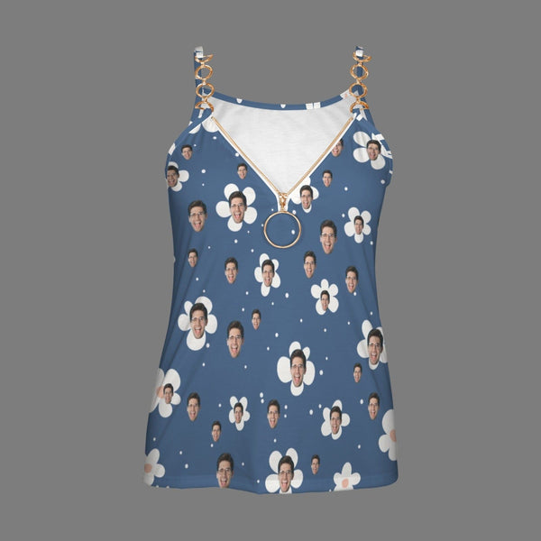 Custom Face White Flower Blue Top Sexy Women's V-Neck Chain Cami Tank Top