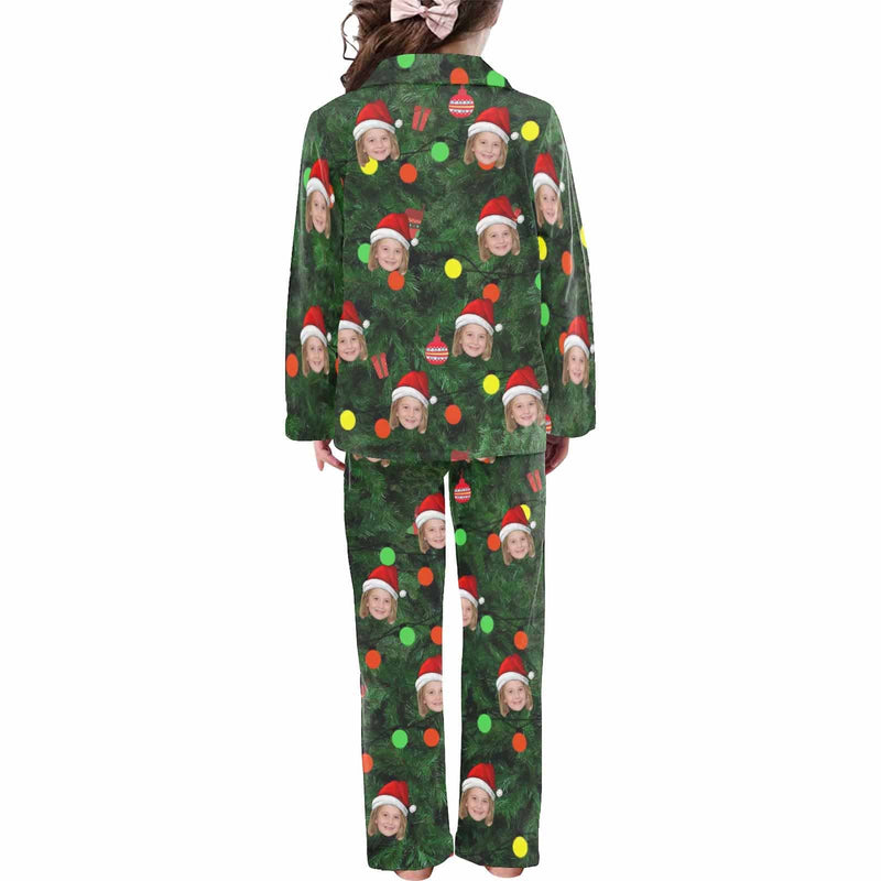 Kid's Christmas Pajamas Green Custom Sleepwear with Face Christmas Red Hat Personalized Pajama Set For Boys&Girls 2-15Y