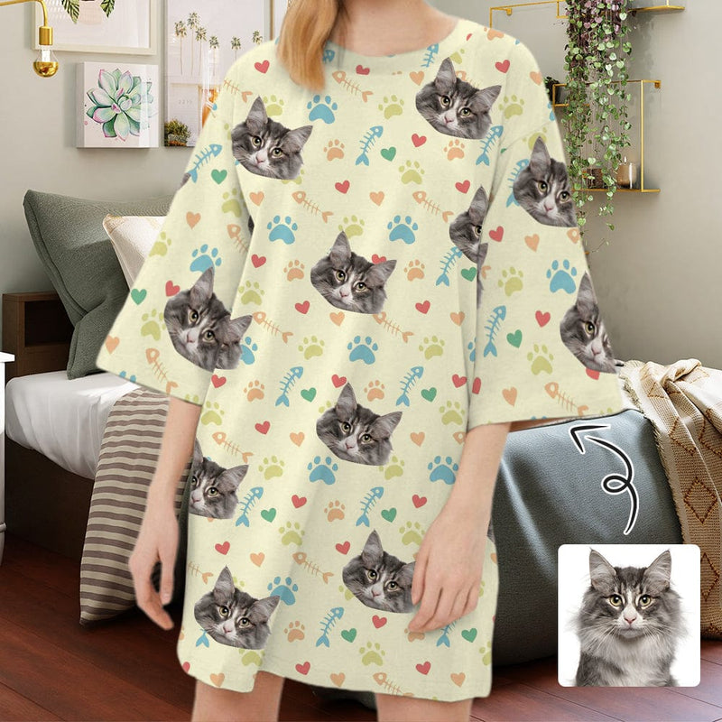 Custom Pet Face Bone Paw Heart Women's Oversized Sleep Tee Nightdress Personalized Loose Nightshirt