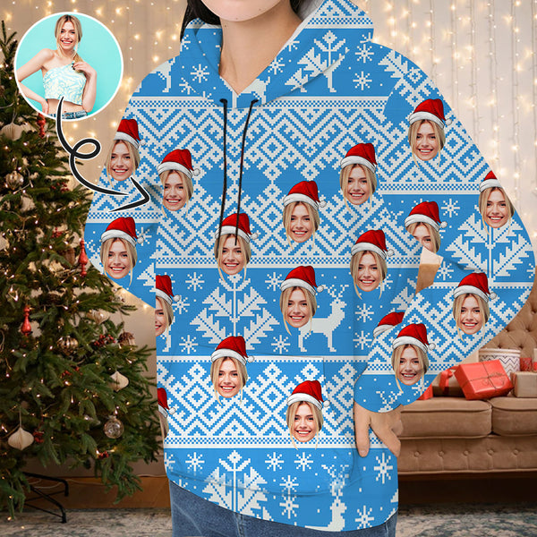 Printing Plaid Elk&Tree Blue Hoodie with Face, Custom Women's All Over Print Hoodie Surprise Gifts for Girlfriend Wife