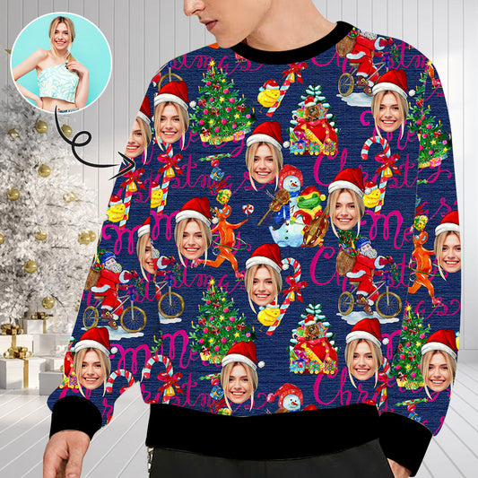 Personalized Christmas Tree With Face, Custom Photo Men's All Over Print Crewneck Sweatshirt