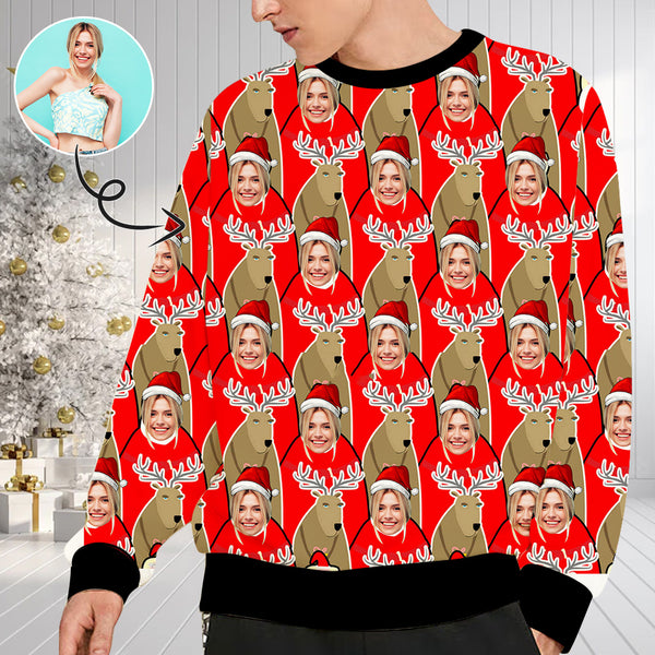 Personalized Christmas Deer Red With Face, Custom Photo Men's All Over Print Crewneck Sweatshirt