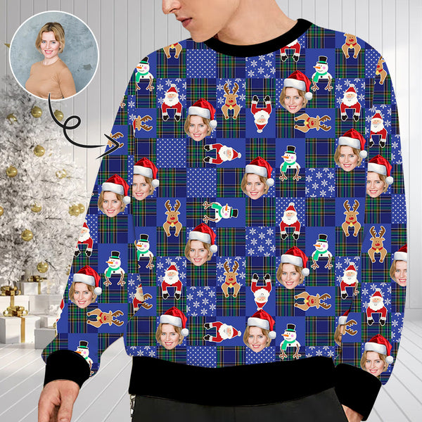 Personalized Christmas Deer Blue With Face, Custom Photo Men's All Over Print Crewneck Sweatshirt