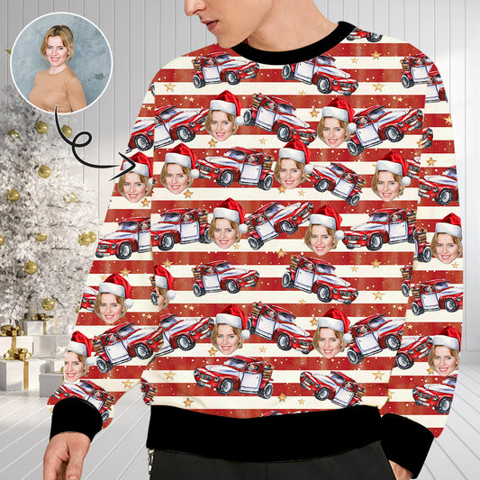 Personalized Christmas Hat With Face, Custom Photo Men's All Over Print Crewneck Sweatshirt