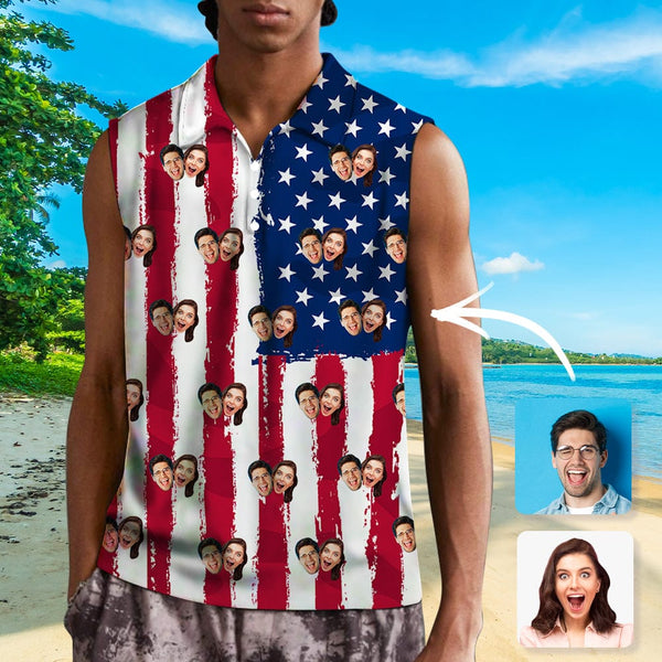 Custom Face American Flag Style Sleeveless Polo Shirt Button Up Summer Casual Workout Tank Tops