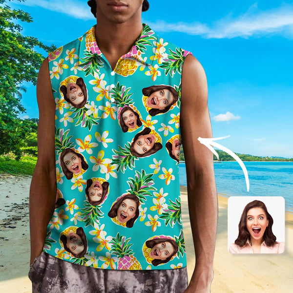 Custom Face Pineapple Sleeveless Polo Shirt Button Up Summer Casual Workout Tank Tops