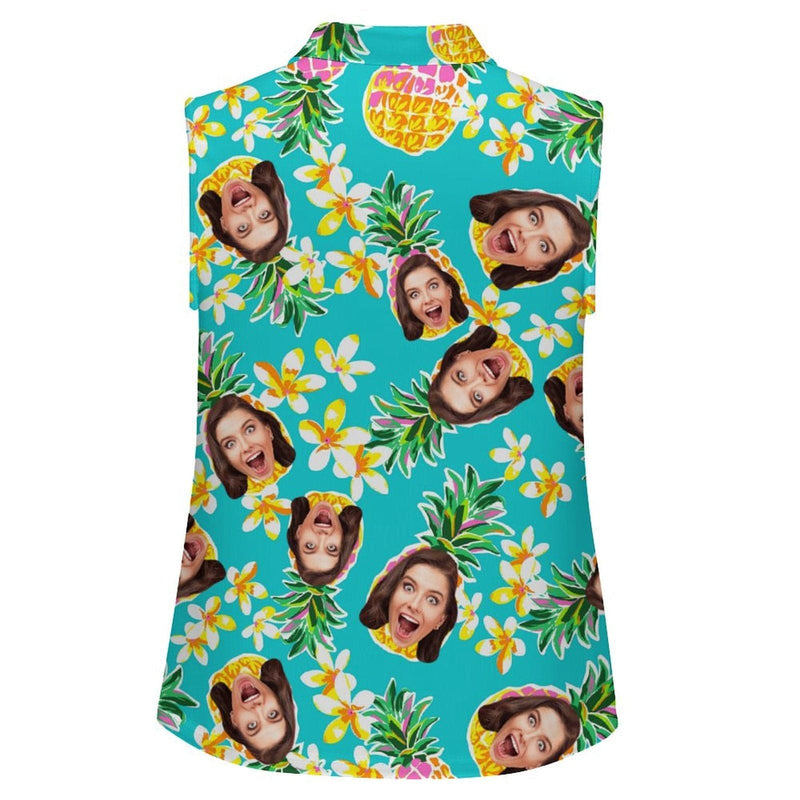 Custom Face Pineapple Sleeveless Polo Shirt Button Up Summer Casual Workout Tank Tops