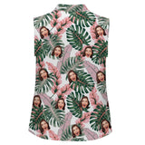 Custom Face Pink Leaves Sleeveless Polo Shirt Button Up Summer Casual Workout Tank Tops