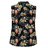 Custom Face Tropical Leaves Sleeveless Polo Shirt Button Up Summer Casual Workout Tank Tops