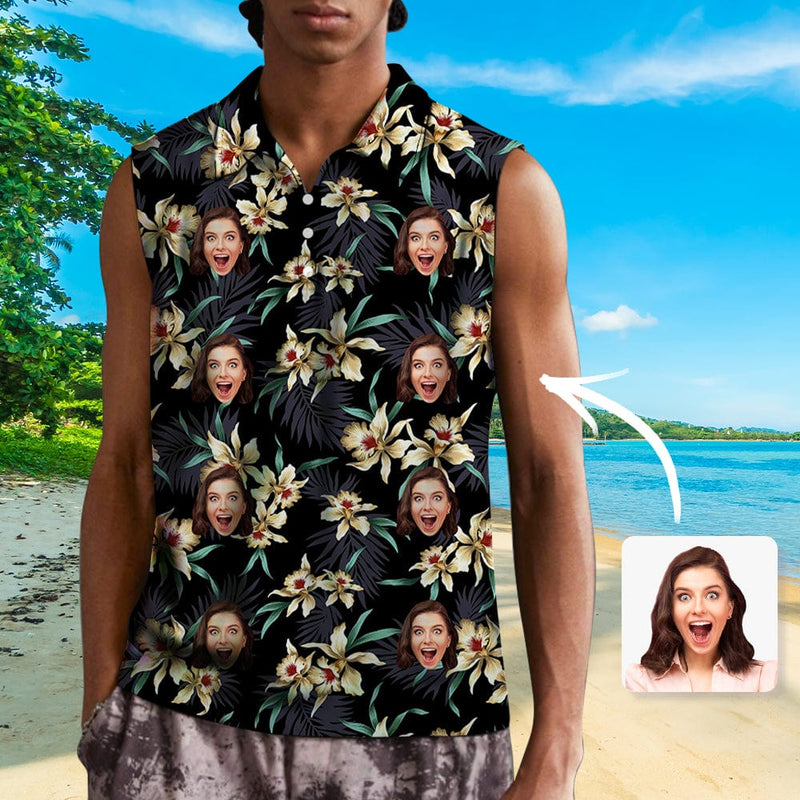 Custom Face Tropical Leaves Sleeveless Polo Shirt Button Up Summer Casual Workout Tank Tops