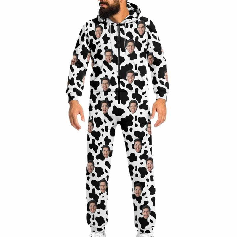 Personalized Hooded Onesie for Family Custom Face Cow Pattern Zip Jumpsuits with Pocket One-piece Pajamas for Adult kids