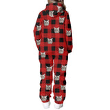 Personalized Hooded Onesie for Family Custom Face Grid Red Zip Jumpsuits with Pocket One-piece Pajamas for Adult kids