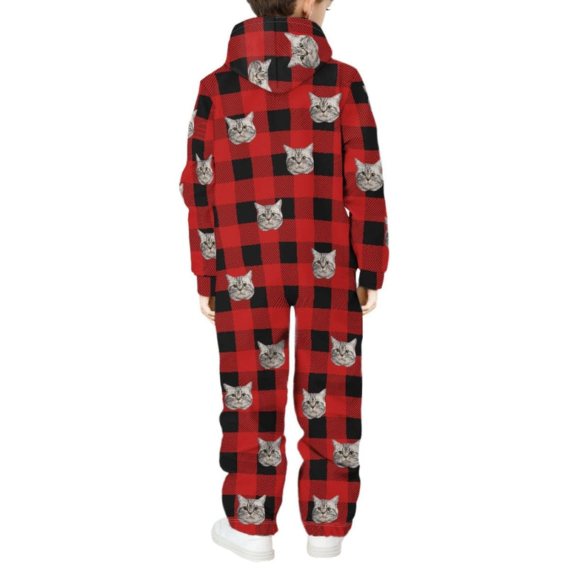 Personalized Hooded Onesie for Family Custom Face Grid Red Zip Jumpsuits with Pocket One-piece Pajamas for Adult kids