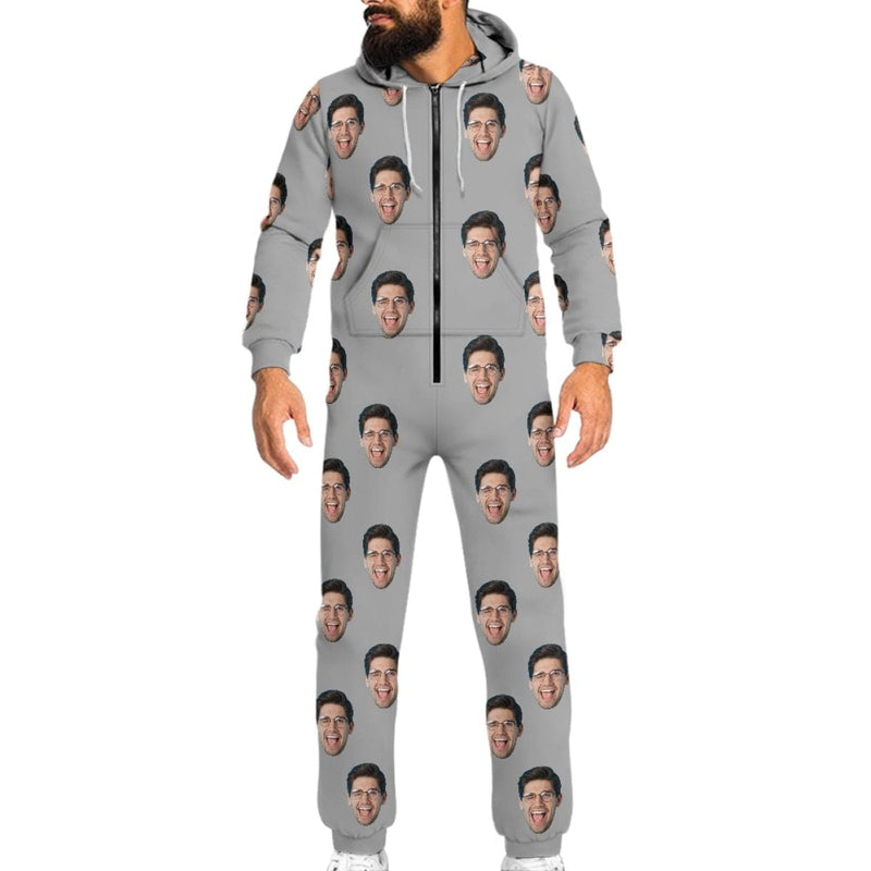 Personalized Adults Zip Onesie Custom Face Multicolor Unisex Hooded Onesie with Pocket Jumpsuits One-piece Pajamas
