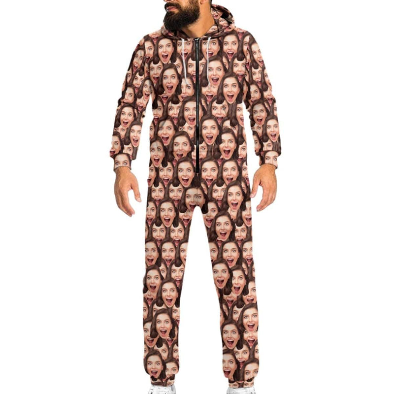 Personalized Adults Zip Onesie Custom Seamless Face Unisex Hooded Onesie with Pocket Jumpsuits One-piece Pajamas