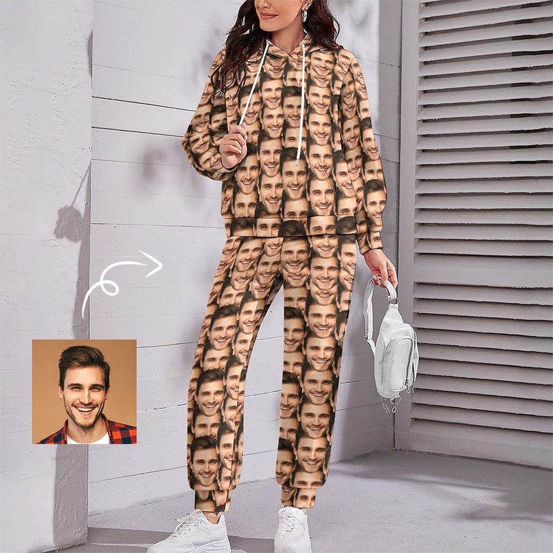 Custom Face Seamless Photo Women's All Over Print Hoodie Sweatpant Set Personalized Face Women Loose Hoodie Custom Top Outfits