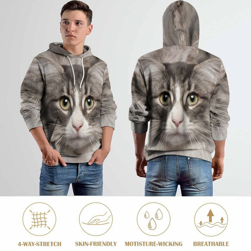 Custom Pet Face Cool Hoodie Designs Personalized Cat Face Unisex Loose Hoodie with Pet Pictures Custom Hooded Pullover Top Plus Size for Him Her