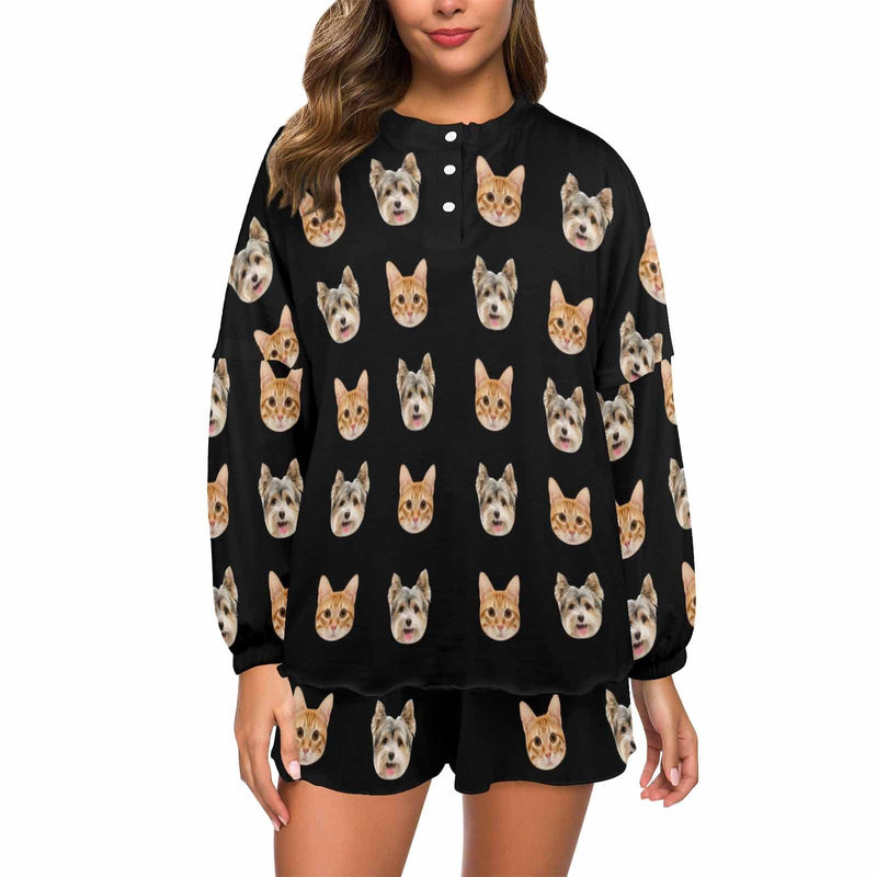 Custom Pet Face Women's Pajama Set Long Sleeve Top and Shorts Personalized Loungewear Tracksuits