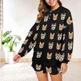 Custom Pet Face Women's Pajama Set Long Sleeve Top and Shorts Personalized Loungewear Tracksuits