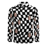 Custom Face Black&White Grid Classic Design Personalized Printing Long Sleeve Shirt Face Shirt Personalized Design Gift for Men