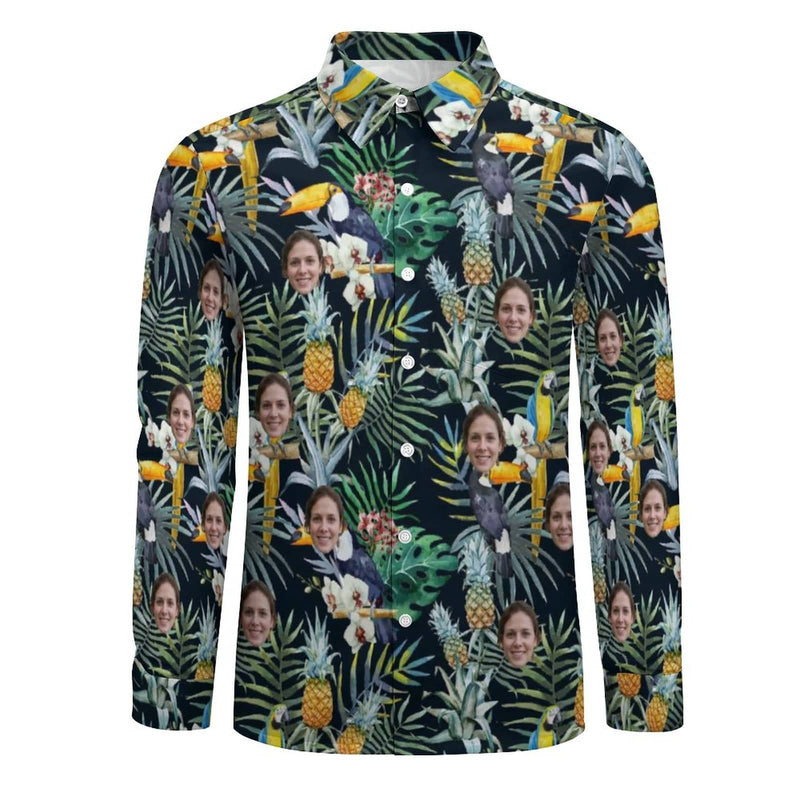Custom Face Pineapple Parrot Tropical Printing Hawaiian Shirts Men's Long Sleeve Shirt Personalized Face Shirt Gift for Him