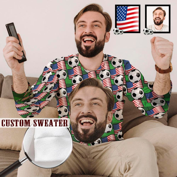 Custom Face&Flag Sweater for Men FIFA World Cup Soccer Football Personalized Ugly Sweater Long Sleeve Lightweight Round Neck Sweater Tops