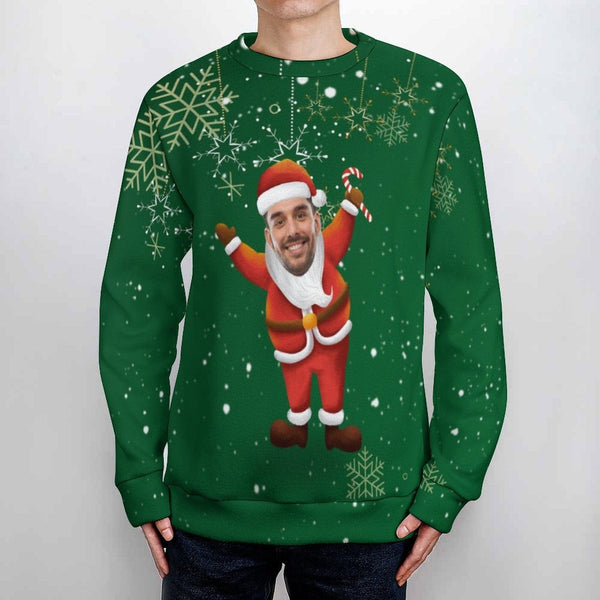 Custom Face Round Neck Sweater for Men Green Santa Claus Long Sleeve Lightweight Sweater Tops Custom Ugly Sweaters Face Ugly Christmas Sweater