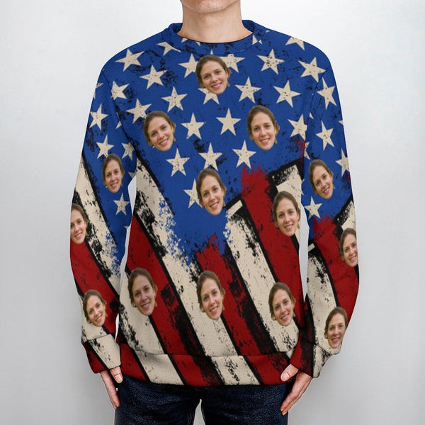 Custom Face Round Neck Sweater for Men USA Flag Personalized Ugly Sweater With Photo Long Sleeve Lightweight Sweater Tops
