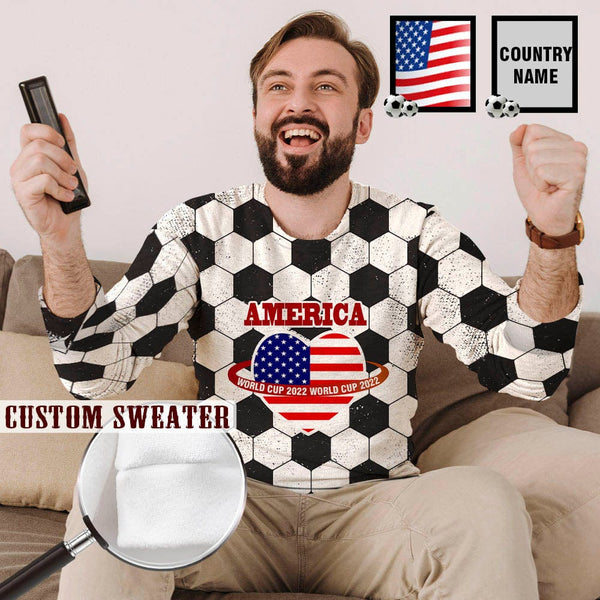 Custom Sweater Country Name&Flag World Cup Soccer Football Long Sleeve Lightweight Round Neck Sweater Tops for Men Personalized Ugly Sweater