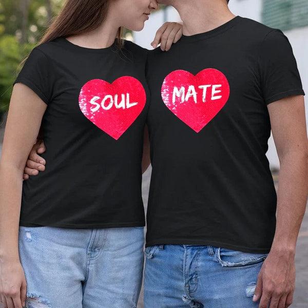 Custom Hide Photo Text Heart Shape Sequin Overlay Unisex Cotton T-shirt - Soul Mate