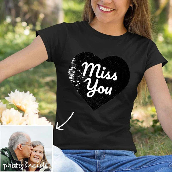 Custom Hide Photo Text Heart Shape Sequin Overlay Unisex Cotton T-shirt - Miss You